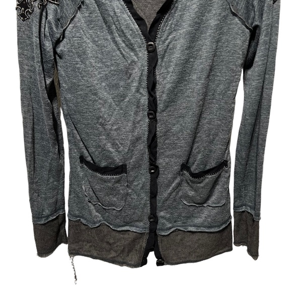 Miss Me Cardigan Distressed Studded Appliqued Embellished Button Up Gray - Picture 6 of 11